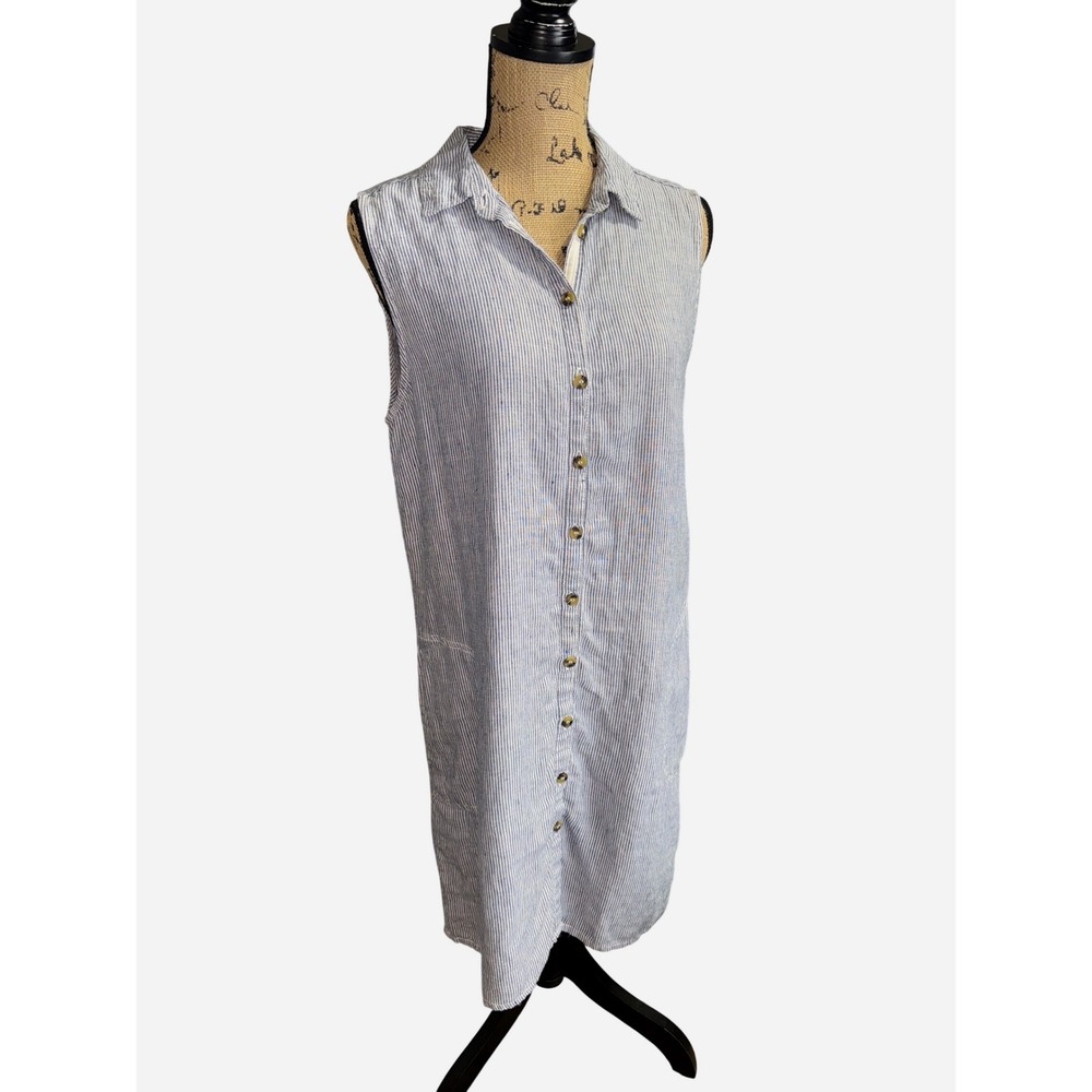 Tahari Shirt Dress Lg Blue White Striped Linen Sleeveless Pockets Knee Length